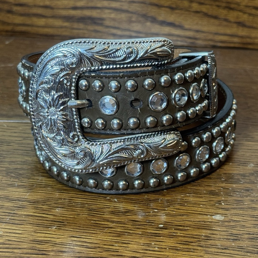 Genuine Leather Studded Rhinestone Belt Brown Silver Tone Western Style 26